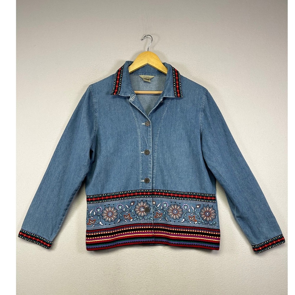 Boho Floral Teddi Women M Blue Embroidered Denim Button Front Jacket Vintage